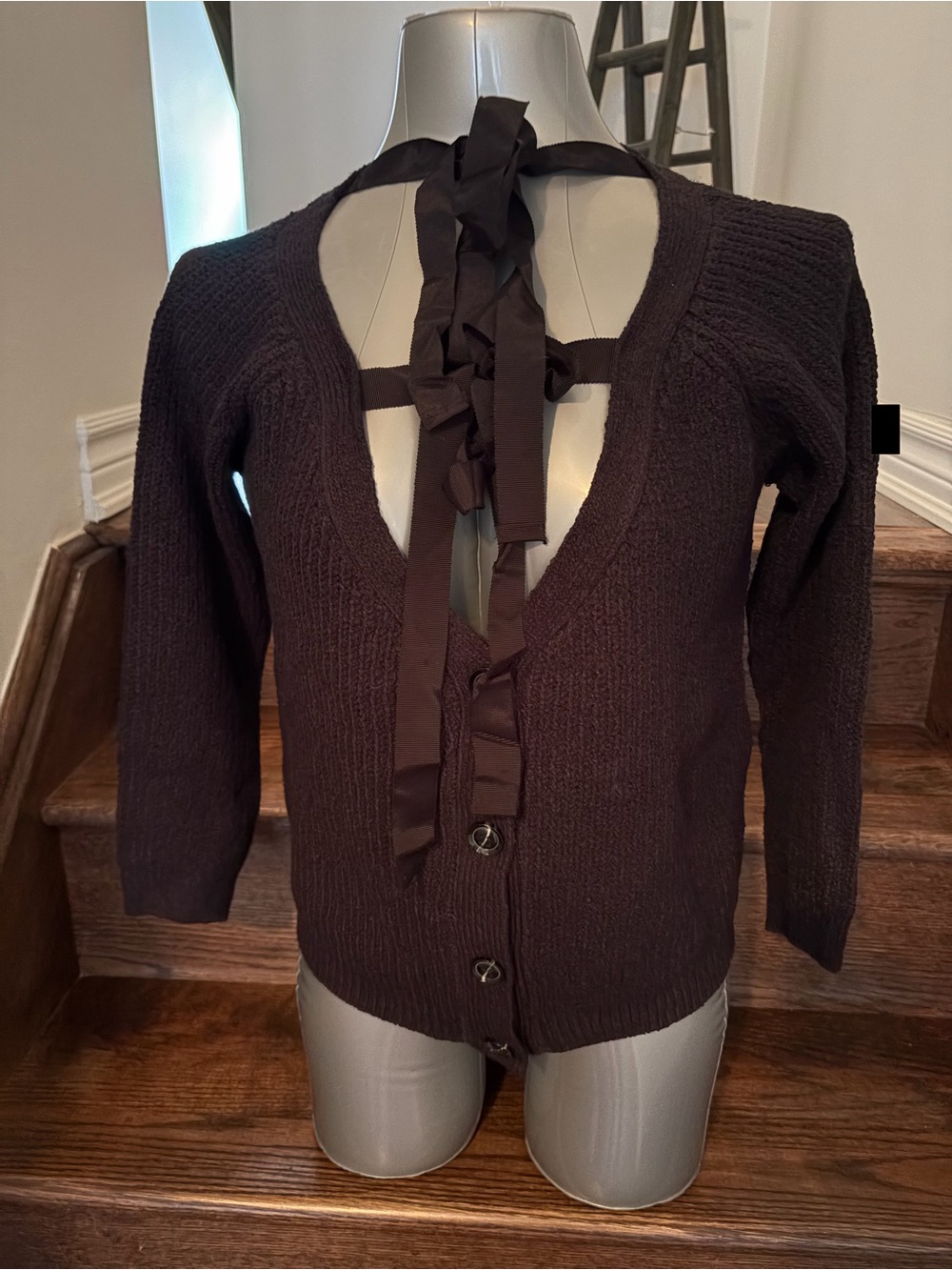 Women's Black Knit Cardigan with Ribbon Tie Detail